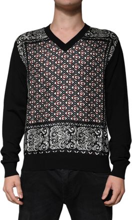 Dolce & Gabbana Black Logo Wool V-neck Pullover Mens Sweater