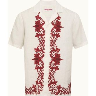 Orlebar Brown Maitan Linen Relaxed Fit Linen Mirabello Border Shirt in White/vermillion at Nordstrom, Size Xxx-Large