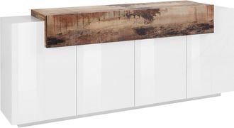 Dmora Credenza Moderna A 5 Ante, Made In Italy, Madia Da Cucina, Buffet Di Design Da Soggiorno, Cm 200x45h86, Colore Bianco Lucido E Acero, Con Imballo Rinf