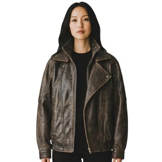 Infinity Leather Dames bruine koeienleer Big Bomber Biker Blouson Oversized Jas - Krakau