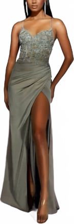 Alyce Paris Long Dress With Embellished Bodice In Sage Green