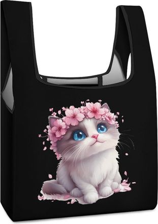Generic Cute Cat Cherry Flowers Shopping Bag Reusable Grocery Tote Bag Foldable Handbag for Travel Picnic