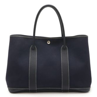 Herm&egrave;s Navy Toile Officier Leather Handbag Tote Bag (Pre-Owned)