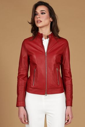 D'Arienzo Giacca biker in pelle rossa nappa effetto liscio DArienzo, Seleziona Taglia XXS, Colore Rosso