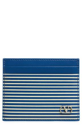 Valentino VLOGO Signature Stripe Leather Card Case in Marine/Light Ivory at Nordstrom