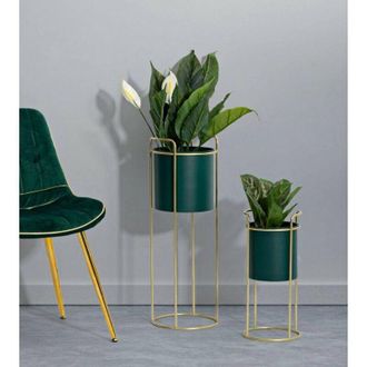 Dmora Dmora - Juego De 2 Porta-jarrones Robinson, Complemento De Decoraci&oacute;n, Art&iacute;culo Decorativo, Accesorio De Decoraci&oacute;n, 24x24 H70 Cm, Verde Y Oro