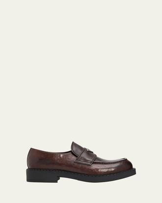 Prada Mens Leather Enamel Logo Moc-Toe Penny Loafers