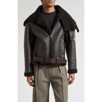 J.W.Anderson Belted Lambskin & Genuine Shearling Aviator Jacket in Chocolate Brown/Brown at Nordstrom, Size X-Large