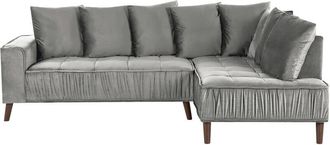 Beliani Sof&aacute; Esquinero 3 Plazas De Terciopelo Gris Claro Madera Oscura Cojines Grena