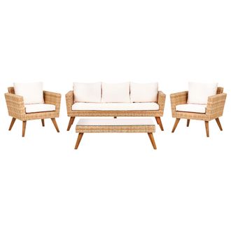 Beliani Conjunto De Jard&iacute;n De Rat&aacute;n Sof&aacute; Sillones Con Cojines Blanco Crema Vittoria Xl