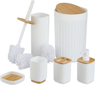 Relaxdays Set Bagno 6 Accessori, Cestino, Scopino wc, Portasapone, Saponetta, Portaspazzolino, Plastica e Bamb&ugrave;, Bianco - Relaxdays