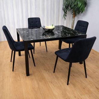 Kosy Koala Modern Black Glass Marble Effect Dining Table Set With 4 Black Velvet Chairs Dining Room Furniture in Brown