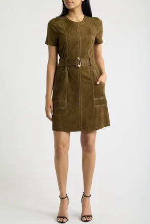 Elie Tahari Topstitch Detail Faux Suede Dress in Artichoke at Nordstrom, Size 16