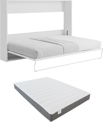 Vente-Unique Vente-unique - Letto a scomparsa con apertura orizzontale manuale 140 x 200 cm Bianco + Materasso - malina ii