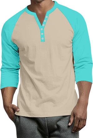 Generic Mens Henley Top Three Quarter Sleeve Raglan Tshirt Man Summer Training Stretchy Essentia Buttons Henley Plain Cozy Cotton Tops Man Cyan XL