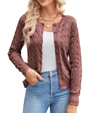 Grace Karin Womens Lightweight Cardigan Button Down Knitwear Sweater Tops Long Sleeve Cable Knit Shrugs Grey Pink L