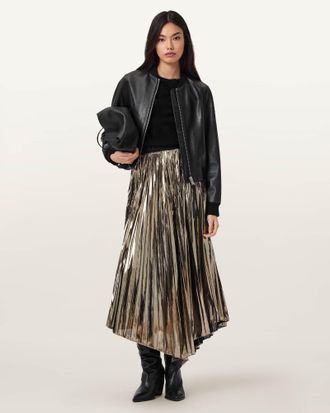 AllSaints Polyester Jax Pleated Midi Skirt, Size: UK 14/US 10
