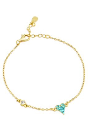 Savvy Cie Jewels GOLD PLATED OVER STERLING SILVER.925 TURQUOISE PAVE HEART WHITE CZ STATION ACCENT BRACELET