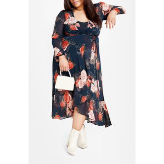 City Chic Kataleya Long Sleeve Chiffon Maxi Wrap Dress in Navy at Nordstrom, Size Xs