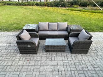 Fimous Outdoor Rattan Garden Furniture Set Patio Lounge Sofa Set with Reclining Chair Rectangular Coffee Table 2 Side Tables in Dark Grey
