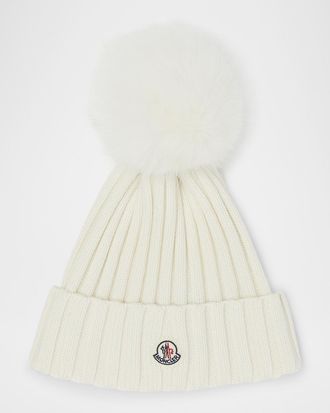 Moncler Ribbed Logo Beanie with Faux Fur Pom