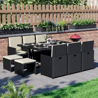 Home Discount Cuba Rattan Garden Furniture 10 Seater Folding Dining Set Outdoor Table & Chairs, Black-With-Cover