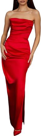 House of CB Adrienne Gathered Satin Strapless Gown in Scarlet at Nordstrom, Size X-Large