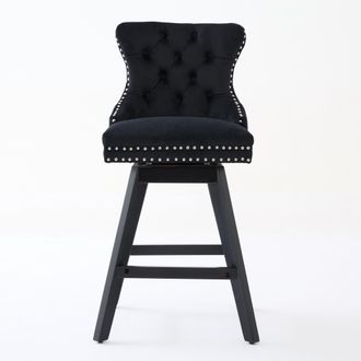 STILVORA Lote De 2 Taburetes De Bar Giratorios, Respaldo Curvo Y Asiento Acolchado Con Patas De Madera Maciza, Terciopelo, Negro