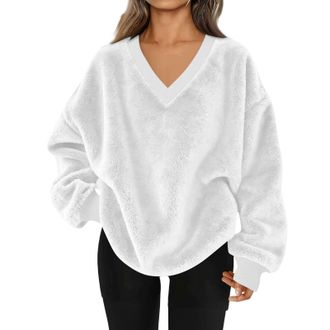 Generic Womens Fleece Tops Sherpa Fuzzy Fluffy Jumpers Flannel Long Sleeve V Neck Sweatshirts Casual Loose Thermal Sweater Ladies Soft Plush Thicken Pullover 