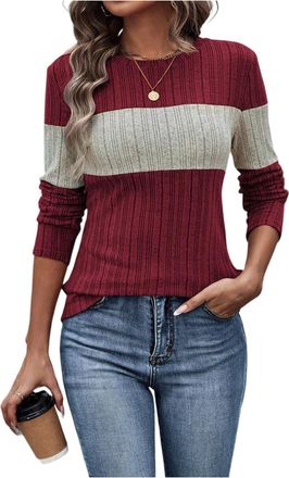 Generic Womens Sweaters Elegant Color Block Long Sleeve Tops Casual Round Neck Loose Sweatshirts Ladies Jumpers Fall Winter Fashion Womens Clothing 01-Wine XX