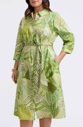 Foxcroft Fiona Botanical Print Belted Shirtdress in Green Multi at Nordstrom, Size 2X