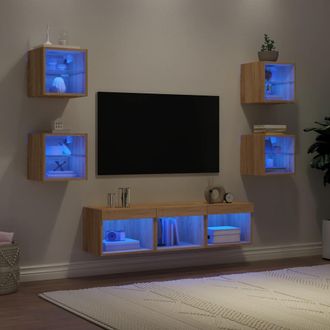 vidaXL Vidaxl - Muebles Tv Pared Con Led 7 Pzas Madera Ingenier&iacute;a Roble Sonoma