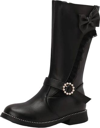 Generic Womens Mid Calf Booties Round Toe Medium Block Heel Slip On With Pearl Buckle And Butterfly-Knot Accent