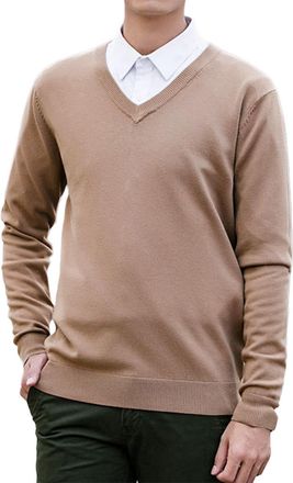 Generic Mens V Neck Knit Jumper Pullover Long Sleeve Soft Touch Knitwear Stretch Plain Classic Sweater Casual Business Lightweight Knitted Jumpers Tops Khaki