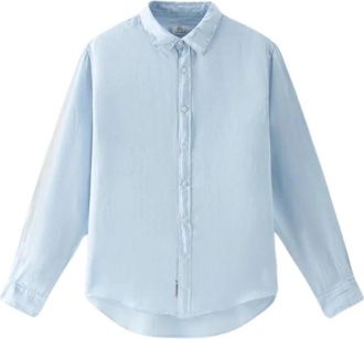Woolrich Linnen overhemd met bandkraag - Heren - Casual Overhemden - Blauw - M - Linnen - Overhemden