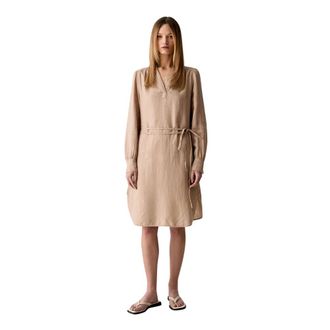 Marc O'Polo Kleedjes, Dames, Beige, XS, Linnen, Linnen Jurk met V-hals, Lange Mouwen en Tailleband