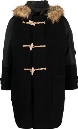Junya Watanabe contrast-sleeve duffle coat - men - Polyester/Wool/Nylon/Acrylic/Calf Leather - M - Black