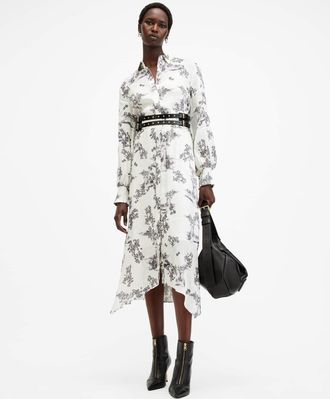 AllSaints Womens Linen Skye Floral Asymmetric Hem Midi Dress, Size: UK 16/US 12