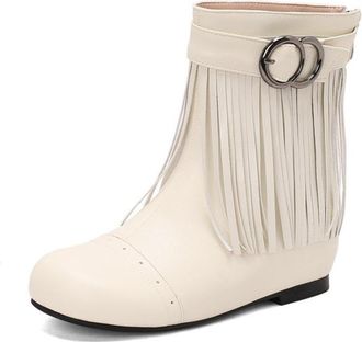 Generic Womens Fringe Ankle Boots PU Leather Round Toe Double Ring Buckle Comfortable Non Slip Durable Shoes For Daily Casual Party Streetwear,White,5.5 UK