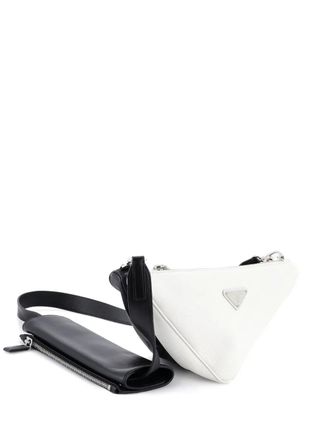 Prada Double Triangle Logo Zip Shoulder Bag Saffiano Leather and Leather crossbody bag - White