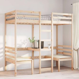 Berkfield Home Loft Bed Frame with Desk & Chairs 75x190cm Solid Wood Pine in Light Brown | Size: 75x190 cm