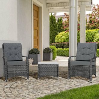 OUTSUNNY Rattan 3PCs Chair Table Bistro Set Patio Set w/ Steel Frame in Grey
