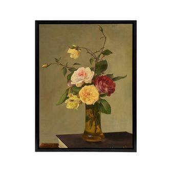 Artery8 Still Life Bouquet Roses in a Vase Latour Black Framed Canvas Wall Art | Size: W24 x H32