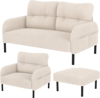 STILVORA Conjunto De Sof&aacute;s De 4 Plazas En Terciopelo Acanalado Con Sof&aacute; Recto, Sill&oacute;n, Taburete, Bolsillo Lateral, Beige