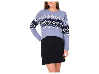 Vince Camuto Fair Isle Raglan Long Sleeve Crew Womens Clothing Denim Heather : LG, Acrylic/Polyester/Spandex