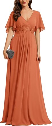 Ever-pretty Womens Chiffon V Neck Short Sleeves Appliques Formal Evening Dresses Bridesmaid Brandied Melon 18
