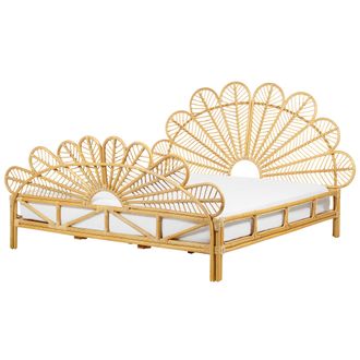 Beliani Cama Con Somier De Rat&aacute;n Madera Clara 180 X 200 Cm Panel Trenzado Pavo Real Florentine