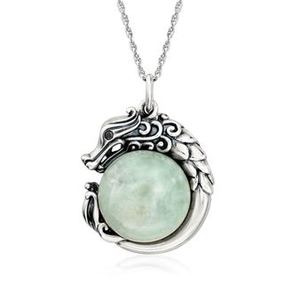 Ross-Simons Jade Dragon Pendant Necklace With Single Black Sapphire in Sterling Silver