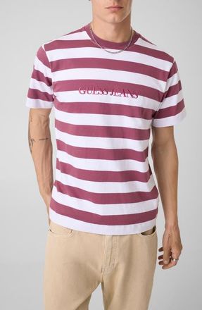 Guess Yarn Dye Stripe Organic Cotton T-Shirt in White/berry at Nordstrom, Size Xx-Large