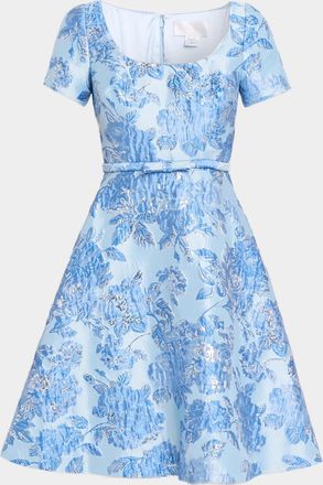 Pamella Roland Metallic Floral Jacquard Short-Sleeve A-Line Dress